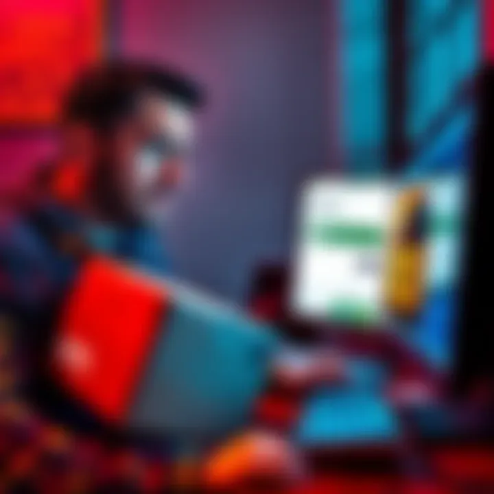 A frustrated customer holds a delivery box while looking at a computer screen showing Newegg's website, highlighting the claim process with UPS in the background.