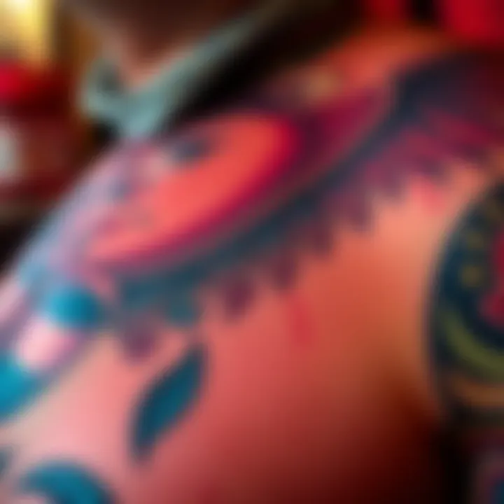 A close-up view of a freshly completed tattoo showcasing intricate designs and vibrant colors on skin.