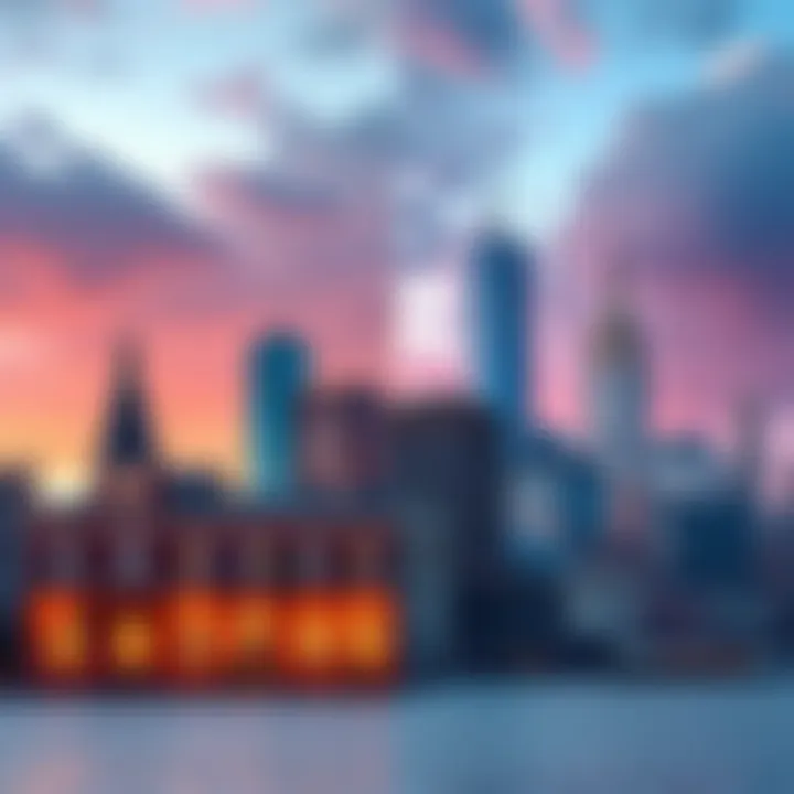 A split view showcasing the vibrant skyline of New Orleans with its historic architecture and the bustling skyline of Manhattan with iconic skyscrapers