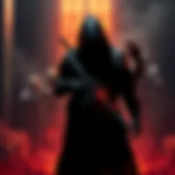 A dark figure stands in a shadowy environment, showcasing powerful abilities while holding a mysterious weapon. The backdrop suggests danger and excitement.