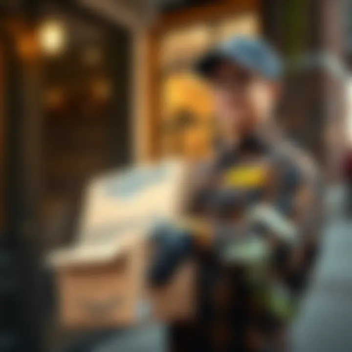 A delivery person holding a package at a customer's doorstep, symbolizing the convenience of next-day delivery services.