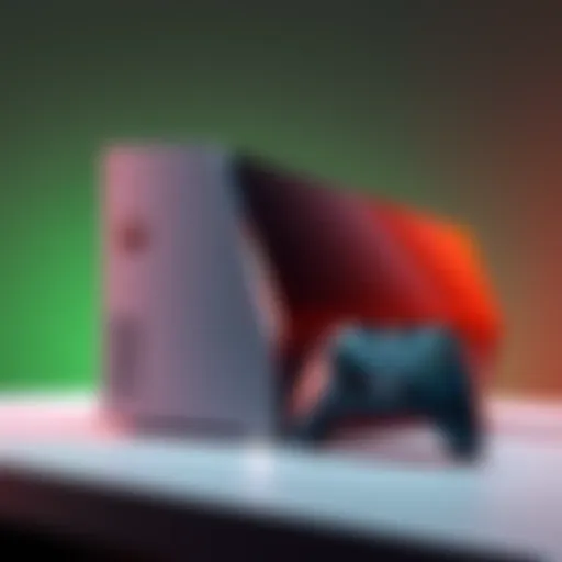 A futuristic Xbox console inspired by PC technology, showcasing sleek design and advanced features, with a gaming controller beside it.