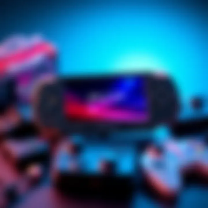 A concept design showing a sleek, modern handheld gaming device with advanced features and a vibrant screen, surrounded by nostalgic gaming items from past PSP models.