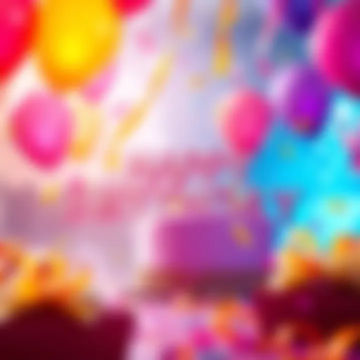 A vibrant birthday celebration scene with balloons, confetti, and party decorations representing the Next Skins community.
