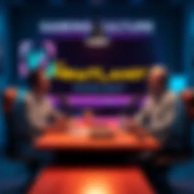 Three podcast hosts sitting around a table with microphones, laughing and discussing gaming culture and daily life.