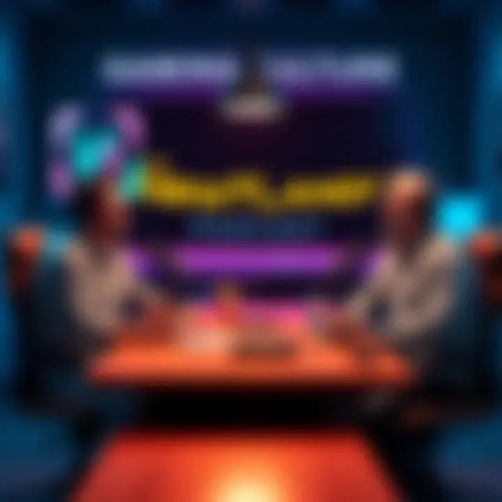 Three podcast hosts sitting around a table with microphones, laughing and discussing gaming culture and daily life.