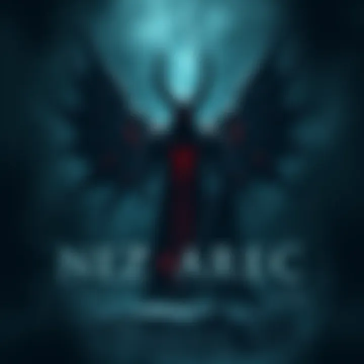 A dark figure representing Nezarec stands tall, surrounded by shadows, symbolizing pain and nightmares. His presence radiates a sense of foreboding and mystery, capturing the essence of his title.