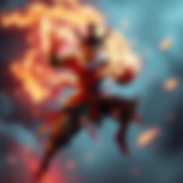 Nezha showcasing his abilities in a dynamic combat pose, surrounded by flames, demonstrating high mobility and damage potential.