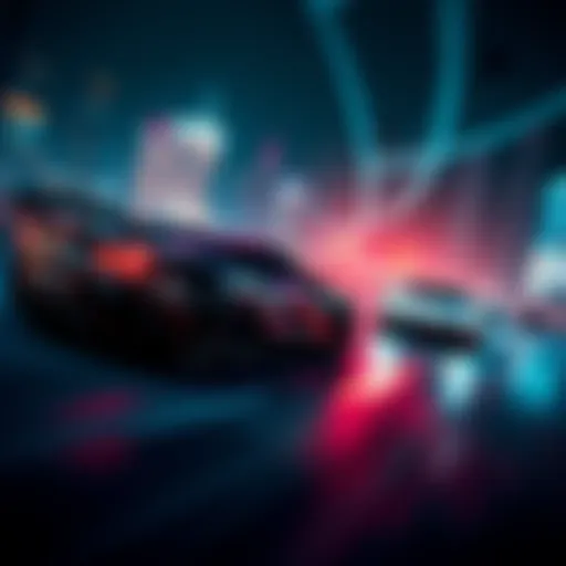 A scene showing sleek racing cars speeding through a cityscape at night in Need For Speed Most Wanted