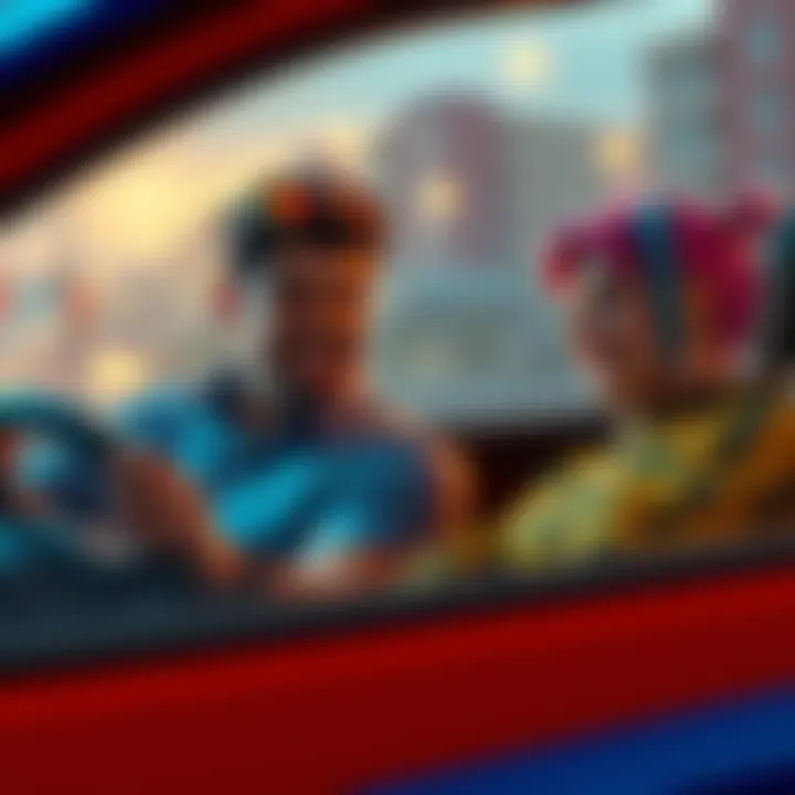Nick and Soda animatedly talk about ExtraEmily's driving experiences, with a car in the background