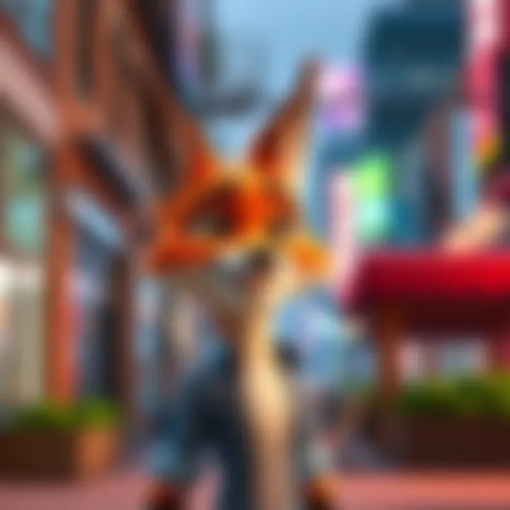 Nick Wilde, the clever fox, smiles playfully while standing in an urban Zootopia setting, showcasing his personality and charm.