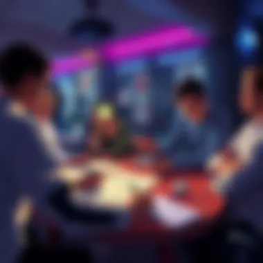 A group of fans discussing the new Nidus Heirloom design, showing sketches and ideas on a table