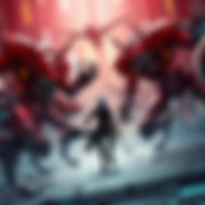 A dynamic combat scene from Nier Automata featuring the main character in action against robotic enemies in a futuristic setting.