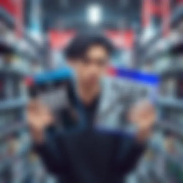 A gamer holding two game cases, one for Nier Automata and one for Nier Replicant, looking puzzled in a game store.