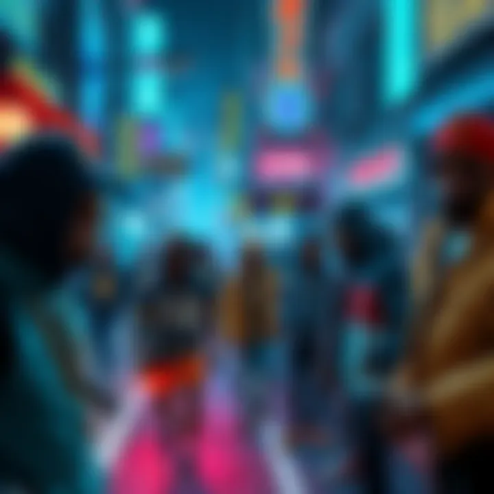 A colorful street scene showcasing various gangs in Night City, each with distinct styles and attitudes, illustrating their influence in the neon-lit environment.