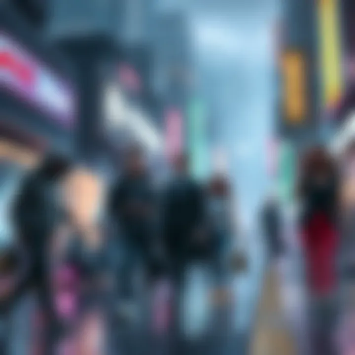 Night City Life Choices A vibrant street scene in Night City showcasing various characters including a street kid, a corporate figure, and others, each representing different lifestyles in a futuristic urban setting.