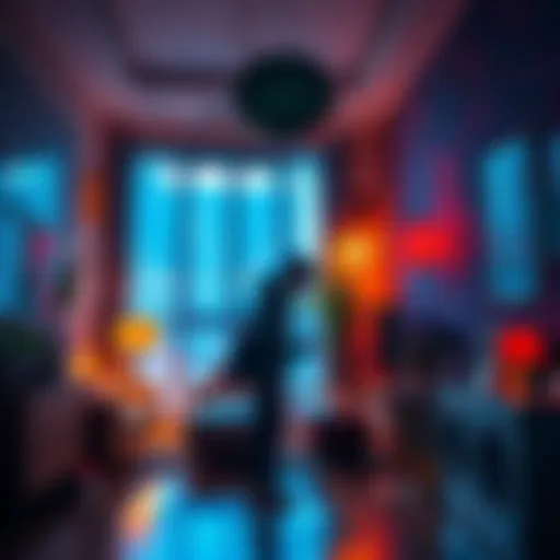A person exploring a vibrant apartment interior in Night City, showcasing unique design elements and decor.