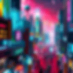 A vibrant and chaotic view of Night City at night, showcasing neon lights, futuristic buildings, and a bustling atmosphere.