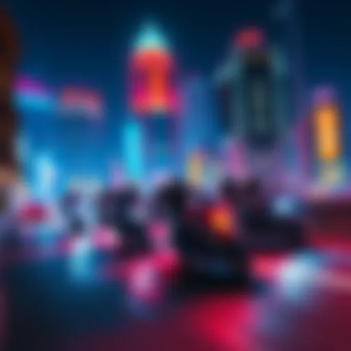 Night Race in Höllvania Racers on atomicycles speeding through a vibrant cityscape at night in Höllvania.