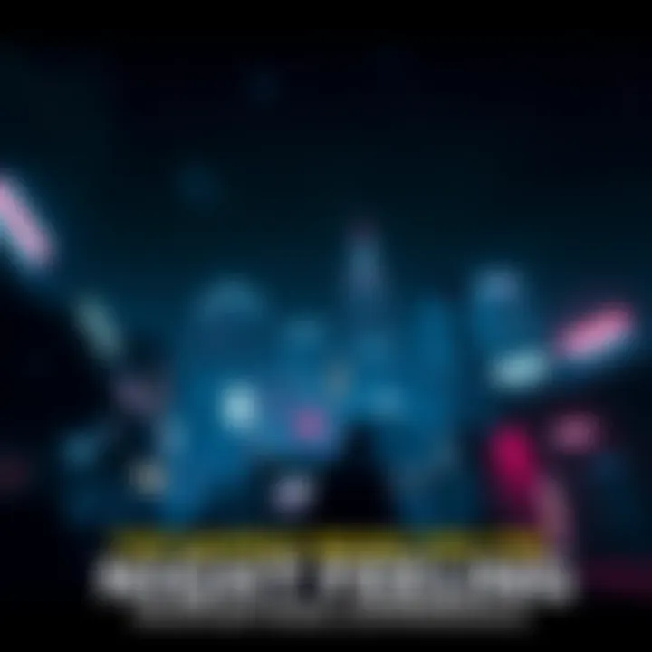 A dark scene showing a character exploring a nighttime city in a video game with glowing lights and stars in the sky