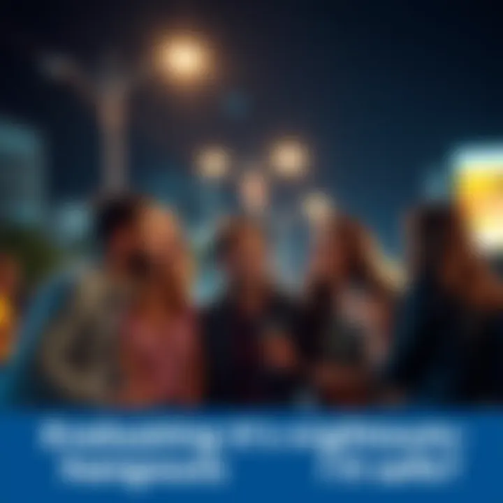 A group of friends laughing and talking under city lights at night, looking relaxed and happy