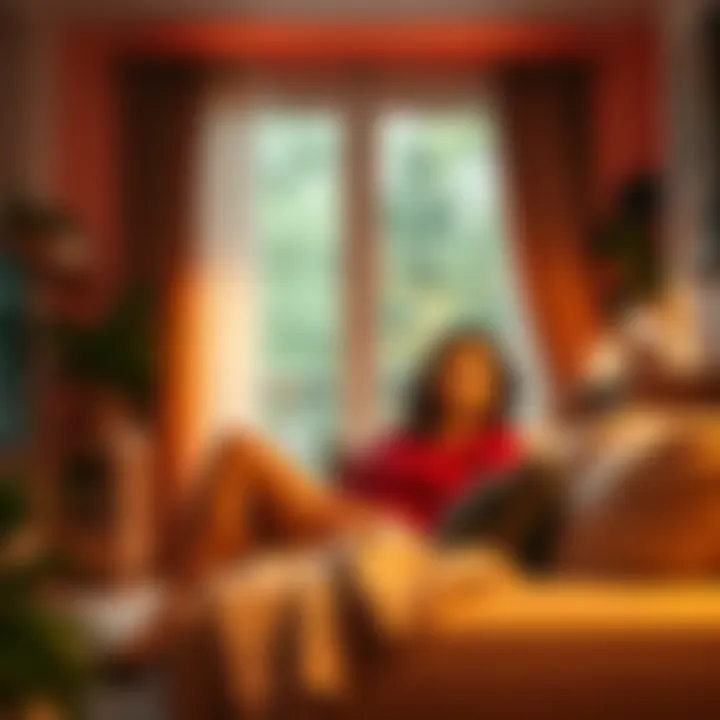 Nina relaxing in her living room, surrounded by household items and personal touches, reflecting a contemporary lifestyle.
