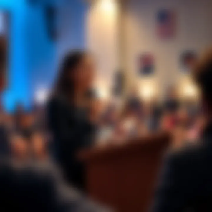 Nina Lim speaking at a podium about male sexual assault, with an engaged audience