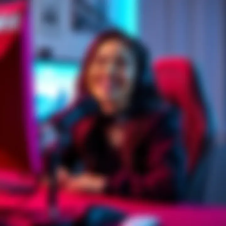 Nina smiling happily on her first stream in six years, sitting in front of a gaming setup with a microphone and a computer screen visible.
