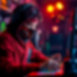 A person dressed as a ninja playing video games, focused and surrounded by gaming gear.