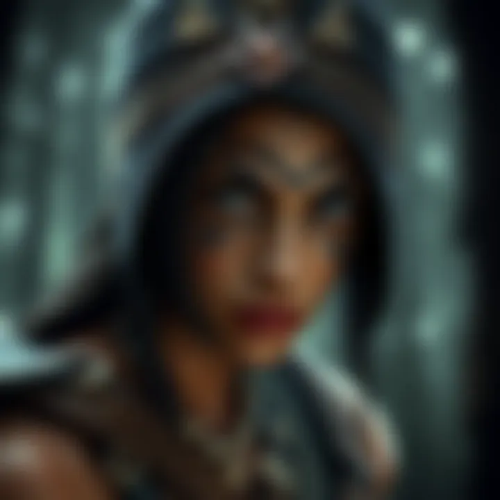 Ninja Theory's Senua Character A close-up of Senua from the video game series, showcasing her intense gaze and tribal markings on her face, set against a dark forest backdrop.