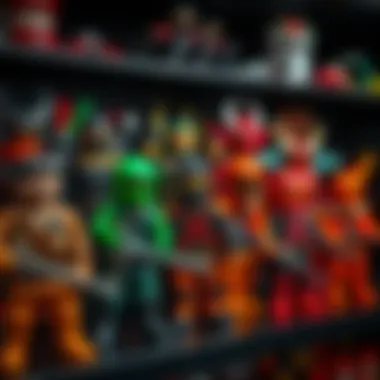 A colorful display of childhood ninja action figures arranged on a shelf, capturing the essence of nostalgia and childhood memories.