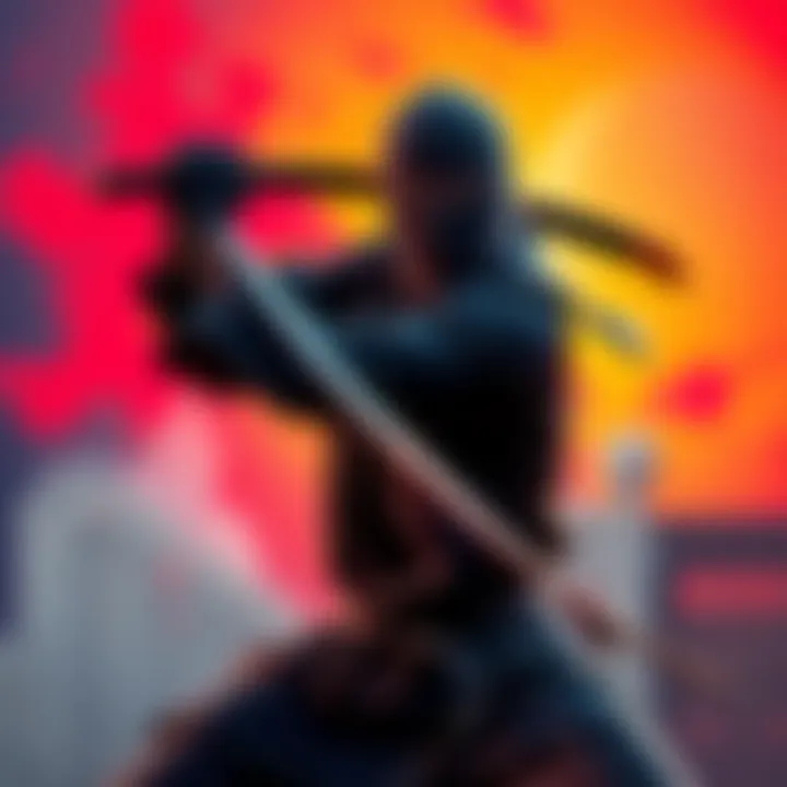 A ninja demonstrates a fighting stance with a sword, showing strength and focus