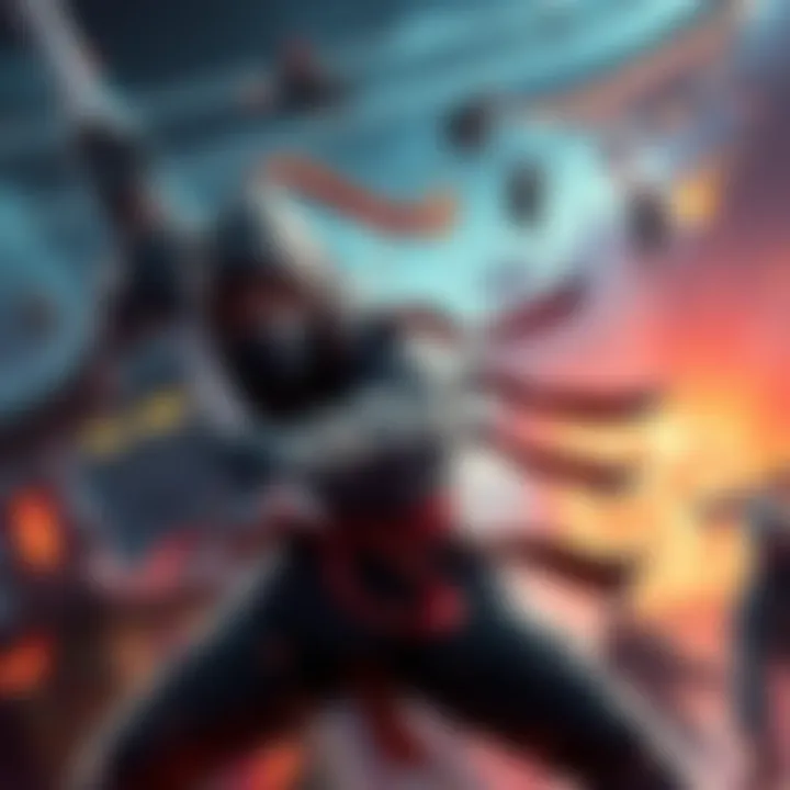 Concept art featuring a ninja character in action, showcasing weapons and a vibrant game environment