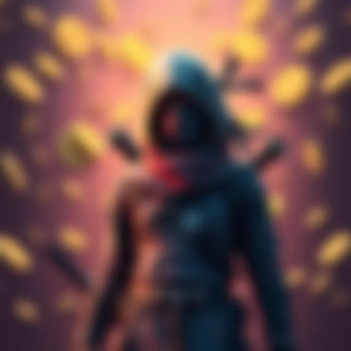 A character dressed in a ninja outfit stands ready with a backdrop of V-Bucks coins, illustrating the excitement of quests.