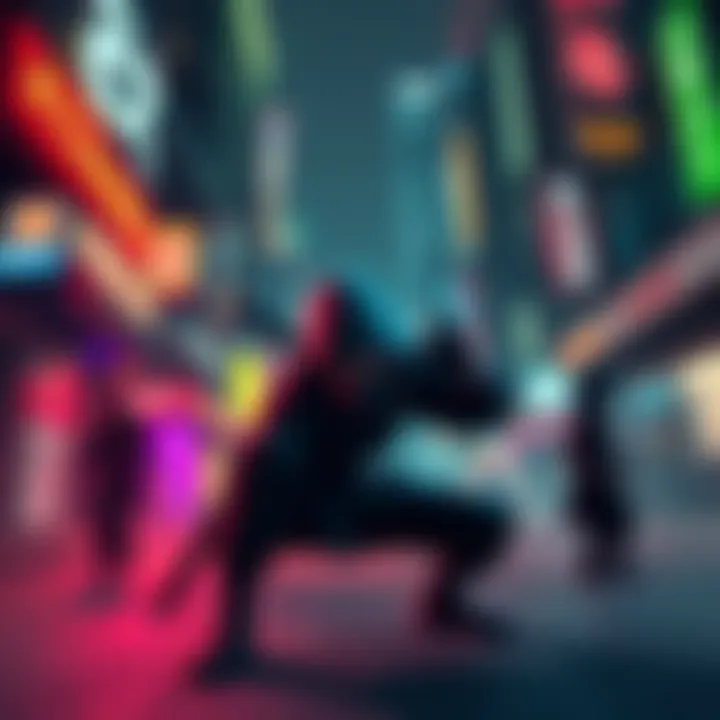 A ninja character crouches in the shadows, preparing to stealthily take down an enemy in a vibrant urban environment, showcasing the game's graphics and stealth mechanics.