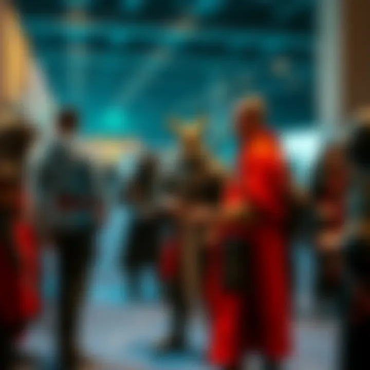 A group of gamers discussing ninja weapons and armor at a gaming convention, showcasing classic swords and armor pieces on display.