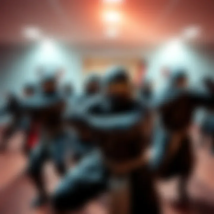 A group of ninjas showcasing different skills and poses, ready for teamwork and strategy in a training setting.