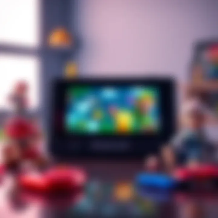 Nintendo console with popular game characters A Nintendo console displaying iconic game characters like Mario, Link, and Zelda, highlighting Nintendo's unique identity in gaming.