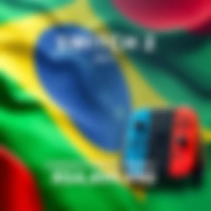 Nintendo Switch 2 console with Brazilian flag background, showcasing the launch date and price