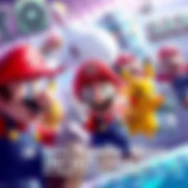 Iconic Nintendo characters like Mario and Pikachu showcase their popularity in a colorful gaming scene.