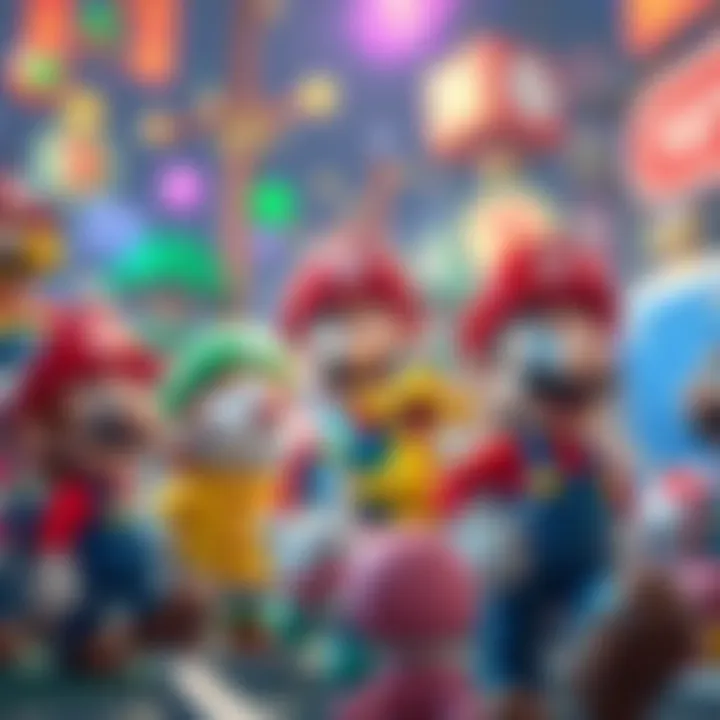 Colorful Nintendo characters including Mario and Luigi in a lively game environment