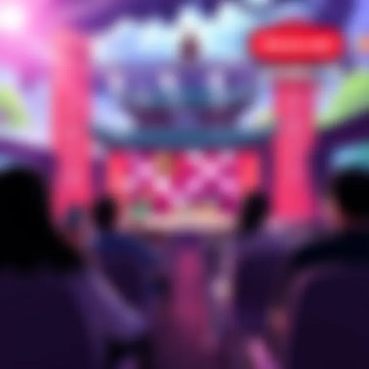 A vibrant scene showing the Nintendo Direct event with gamers eagerly watching announcements about Kyoto Xanadu and new games.