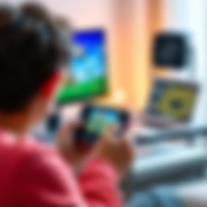 A person playing Nintendo DS games on an Anbernic RG351V handheld device, with a laptop and PC visible in the background.