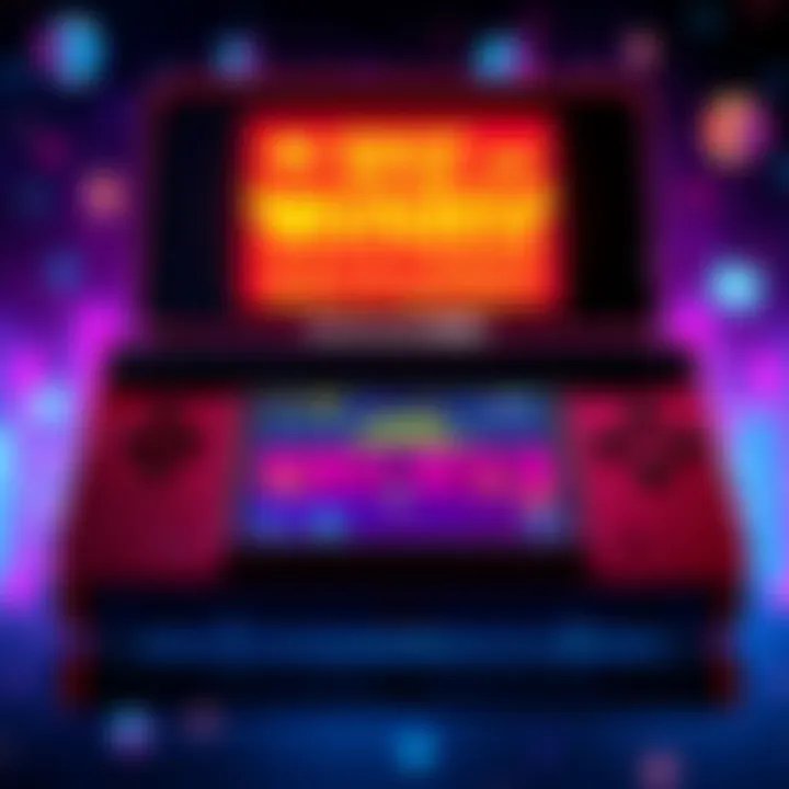 A Nintendo DS console displaying Space Invaders gameplay with vibrant retro graphics.