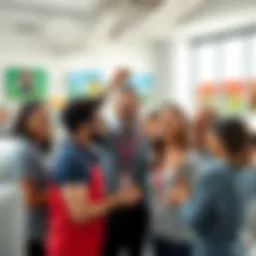 A group of Nintendo employees happily discussing their new salary raise in a bright office setting with gaming posters on the walls.