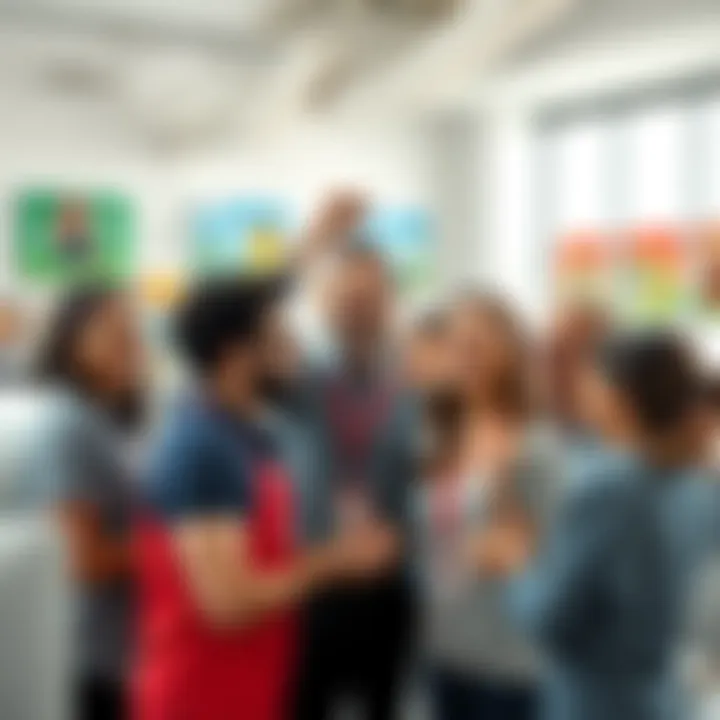 A group of Nintendo employees happily discussing their new salary raise in a bright office setting with gaming posters on the walls.