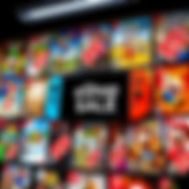 Colorful display of popular Nintendo Switch game covers with sale tags showing discounts.