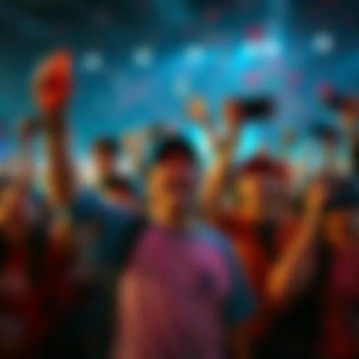 Nintendo fans celebrating Group of Nintendo fans cheering and holding gaming consoles in excitement over recent announcements