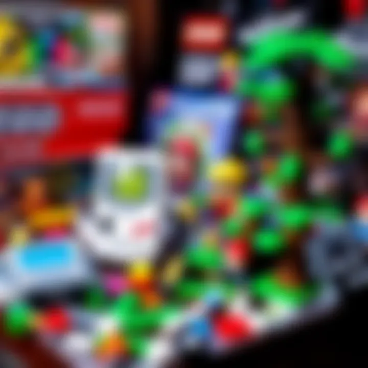 A display of new LEGO sets including a Lego Gameboy and a Deku Tree, showcasing colorful pieces and a growing collection.