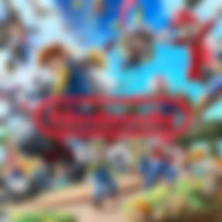 Nintendo logo with gaming background Nintendo logo displayed prominently with a colorful gaming background featuring characters and gameplay scenes